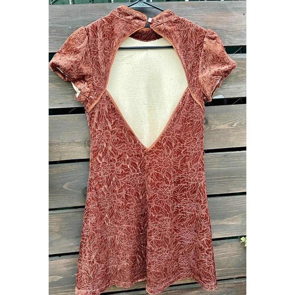 We The Free People Rust Orange Velour Open Back Mini Lace Dress Sz 2/XS Puff Slv